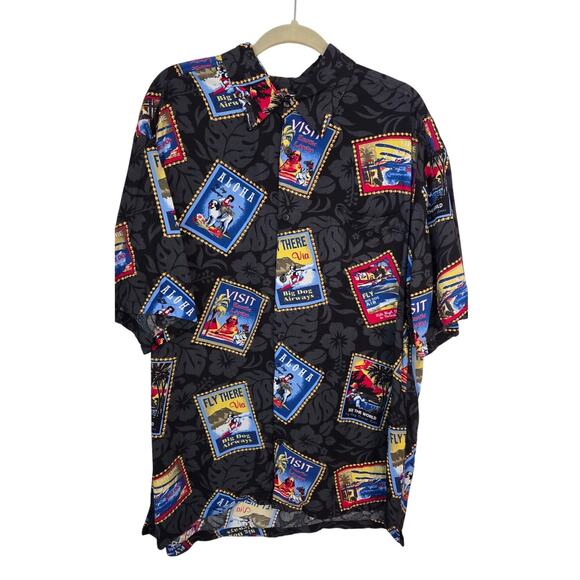 Authentic Big Dogs Aloha Hawaiian Travel Stamps Button‎ Down Shirt Men's Size L - Picture 1 of 6